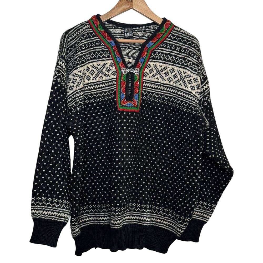 Dale of Norway Pure Wool Nordic Pullover Sweater Pewter Clasp Embroidered XL/54